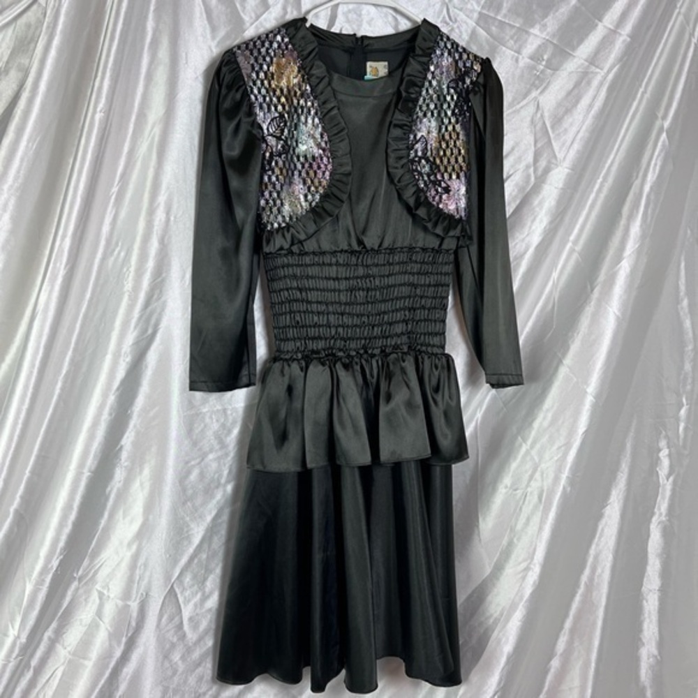 Vintage Elegant Black Ruffle Dress Metallic Floral Detail & Long Sleeve Bolero
